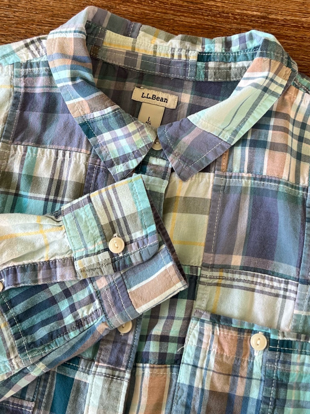 LL Bean Patchwork Madras Plaid Cotton Shirt Womenās Large Regular Blue Teal